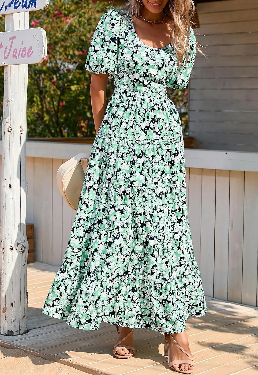 PRETTYGARDEN Womens Dresses 2025 Puff Sleeve Floral Casual Summer Dress Smocked Back Beach Flowy Tiered Maxi Sundress