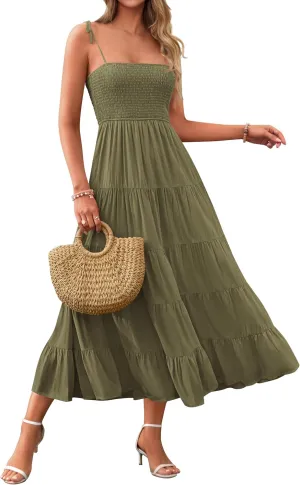 PRETTYGARDEN Women's Summer Dresses 2025 Spaghetti Strap Sleeveless Backless Smocked A-Line Boho Flowy Midi Beach Dress