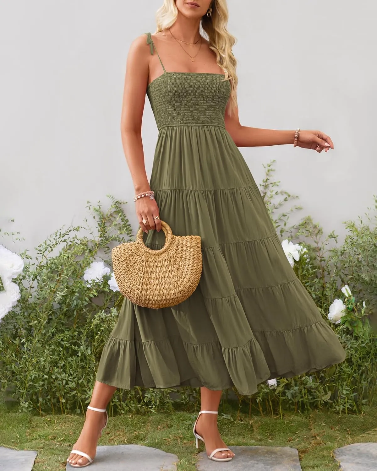 PRETTYGARDEN Women's Summer Dresses 2025 Spaghetti Strap Sleeveless Backless Smocked A-Line Boho Flowy Midi Beach Dress