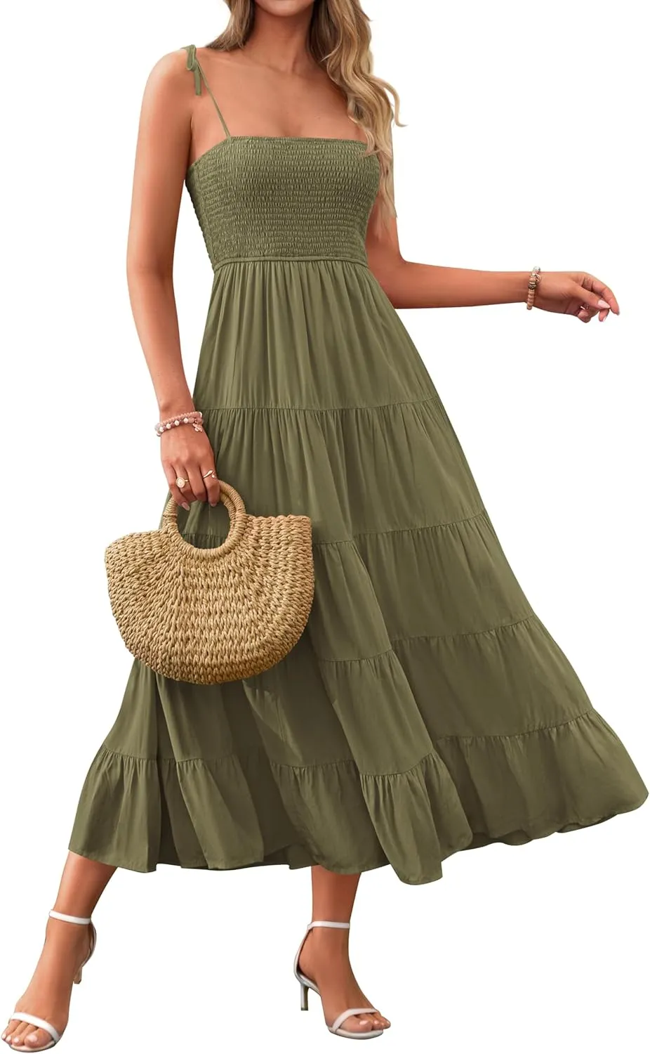 PRETTYGARDEN Women's Summer Dresses 2025 Spaghetti Strap Sleeveless Backless Smocked A-Line Boho Flowy Midi Beach Dress
