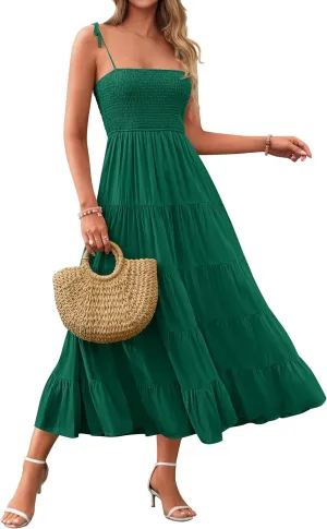 PRETTYGARDEN Women's Summer Dresses 2025 Spaghetti Strap Sleeveless Backless Smocked A-Line Boho Flowy Midi Beach Dress