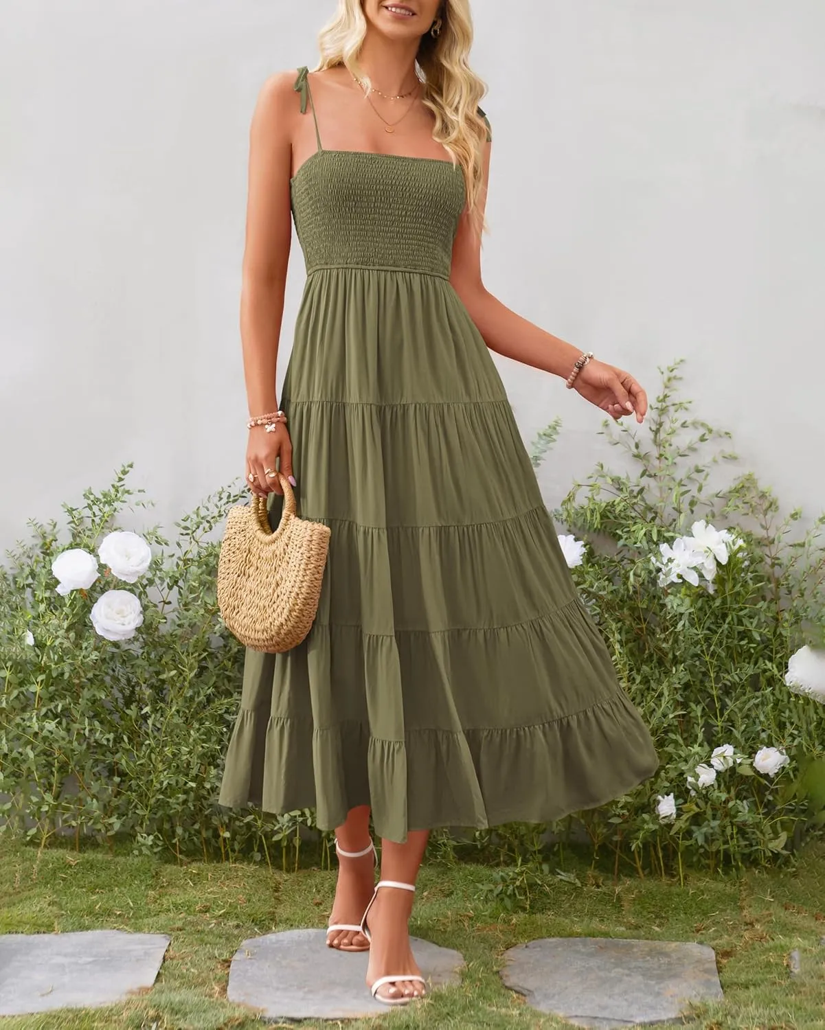 PRETTYGARDEN Women's Summer Dresses 2025 Spaghetti Strap Sleeveless Backless Smocked A-Line Boho Flowy Midi Beach Dress