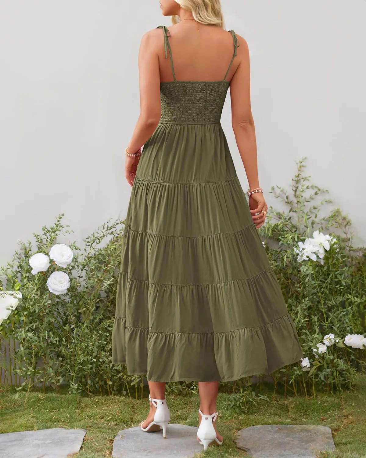 PRETTYGARDEN Women's Summer Dresses 2025 Spaghetti Strap Sleeveless Backless Smocked A-Line Boho Flowy Midi Beach Dress