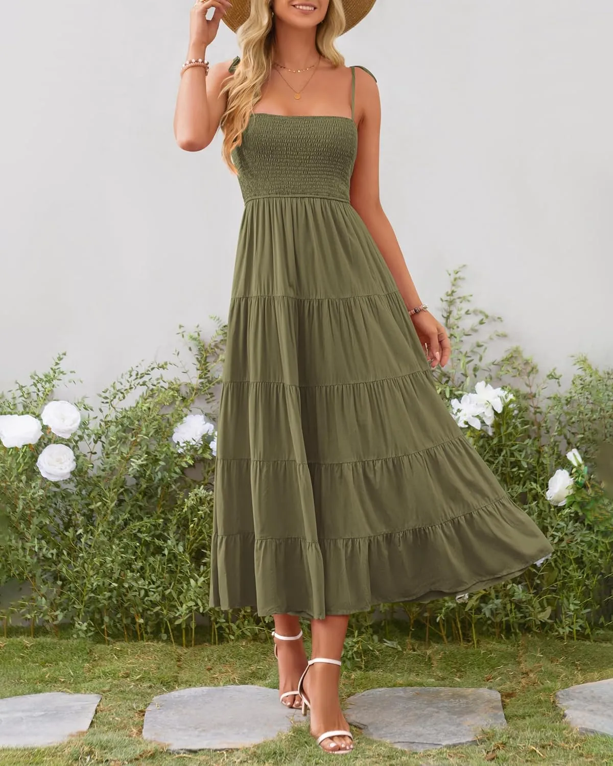 PRETTYGARDEN Women's Summer Dresses 2025 Spaghetti Strap Sleeveless Backless Smocked A-Line Boho Flowy Midi Beach Dress