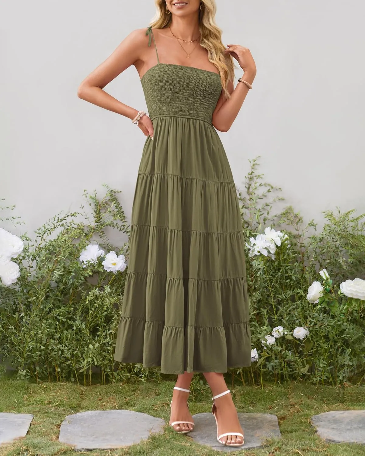PRETTYGARDEN Women's Summer Dresses 2025 Spaghetti Strap Sleeveless Backless Smocked A-Line Boho Flowy Midi Beach Dress