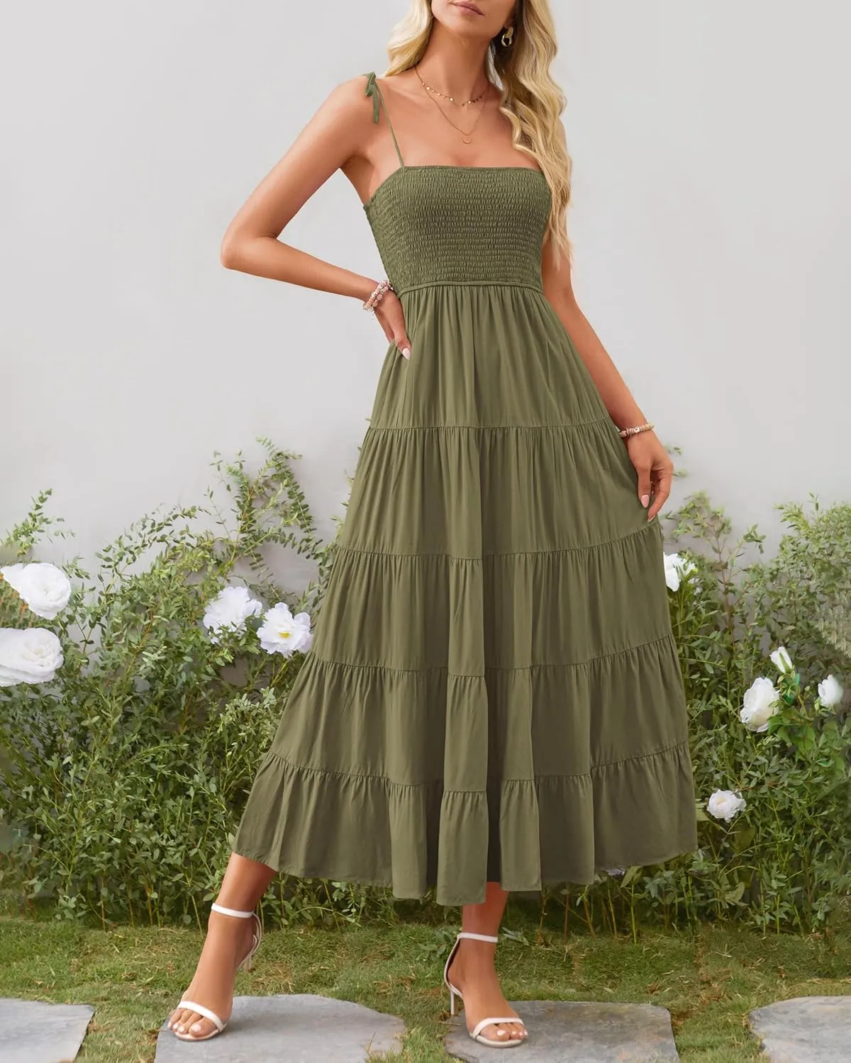 PRETTYGARDEN Women's Summer Dresses 2025 Spaghetti Strap Sleeveless Backless Smocked A-Line Boho Flowy Midi Beach Dress