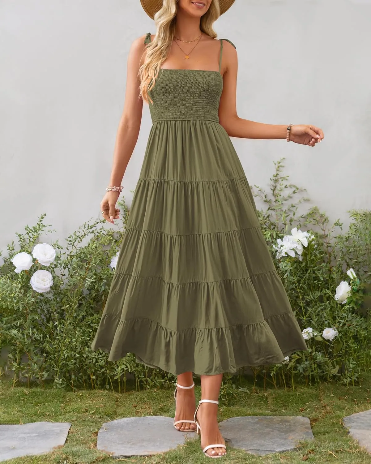 PRETTYGARDEN Women's Summer Dresses 2025 Spaghetti Strap Sleeveless Backless Smocked A-Line Boho Flowy Midi Beach Dress
