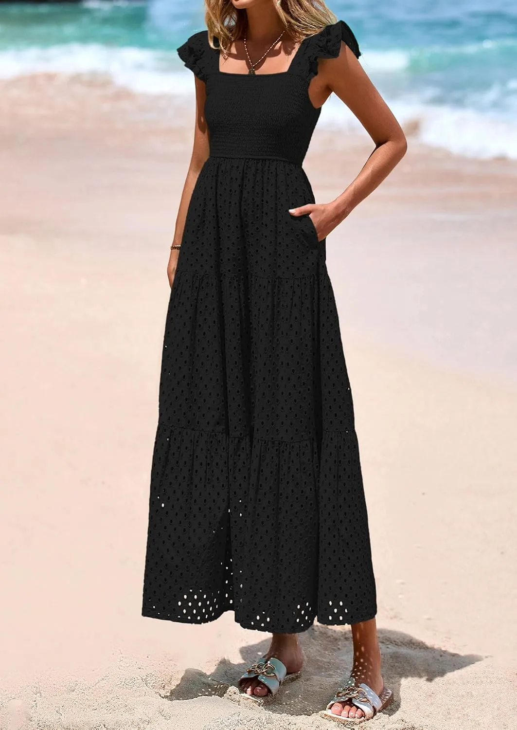 PRETTYGARDEN Womens Summer Square Neck Maxi Dresses Cap Sleeve Eyelet Smocked Tiered A Line Flowy Long Dress with Pockets