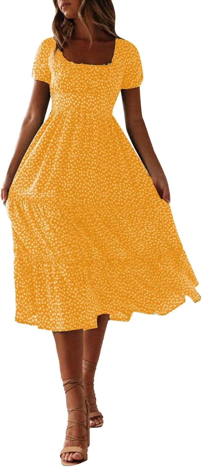 PTOLOCIF Women 2024 Casual Maxi Dress Casual Square Neck Ruffle Smocked Boho Flowy Dress Short Sleeve Floral Print Sundresses
