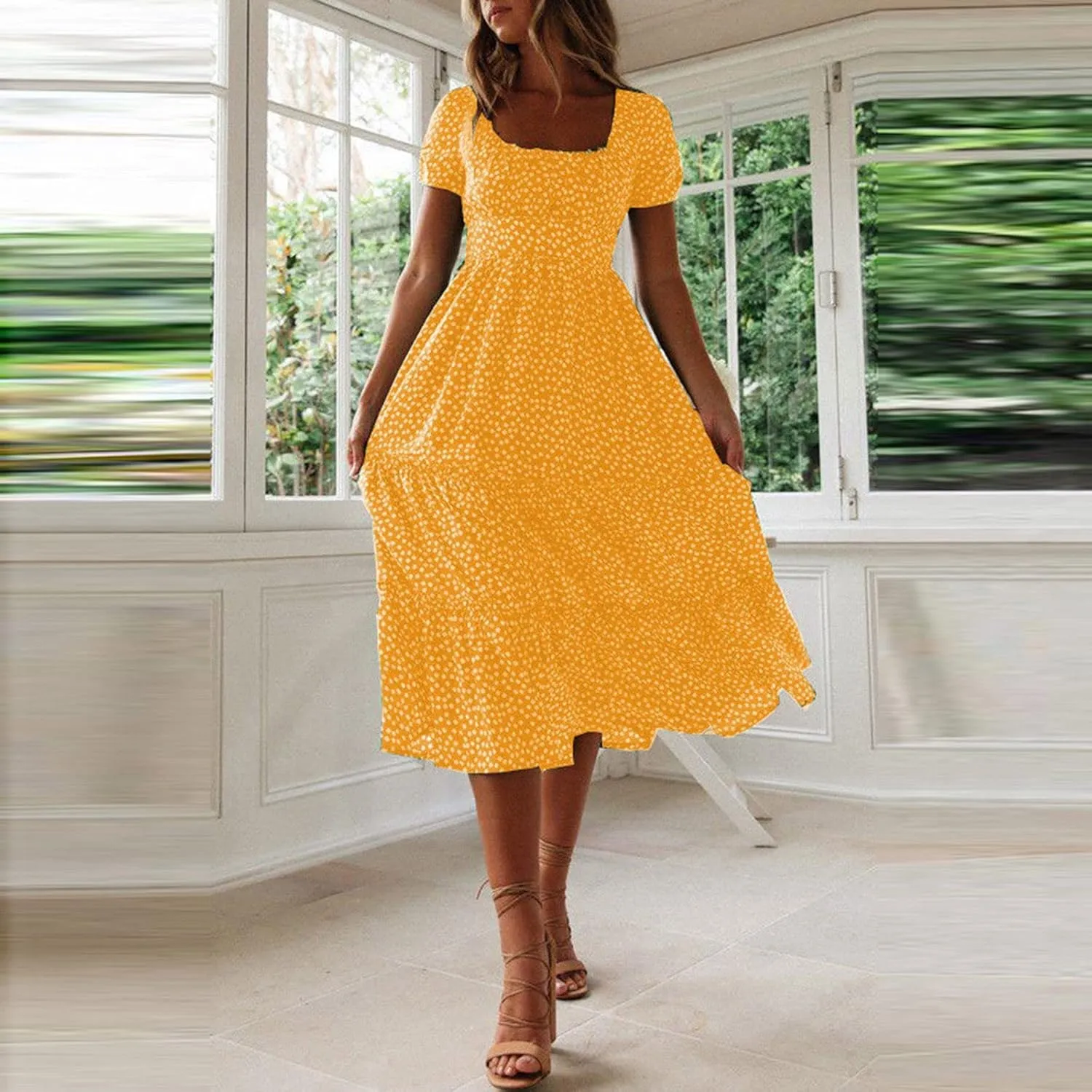 PTOLOCIF Women 2024 Casual Maxi Dress Casual Square Neck Ruffle Smocked Boho Flowy Dress Short Sleeve Floral Print Sundresses