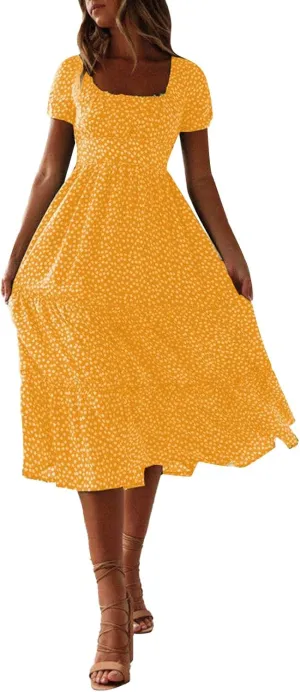 PTOLOCIF Women 2024 Casual Maxi Dress Casual Square Neck Ruffle Smocked Boho Flowy Dress Short Sleeve Floral Print Sundresses