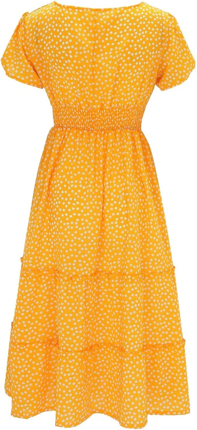 PTOLOCIF Women 2024 Casual Maxi Dress Casual Square Neck Ruffle Smocked Boho Flowy Dress Short Sleeve Floral Print Sundresses