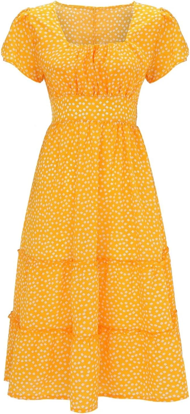 PTOLOCIF Women 2024 Casual Maxi Dress Casual Square Neck Ruffle Smocked Boho Flowy Dress Short Sleeve Floral Print Sundresses