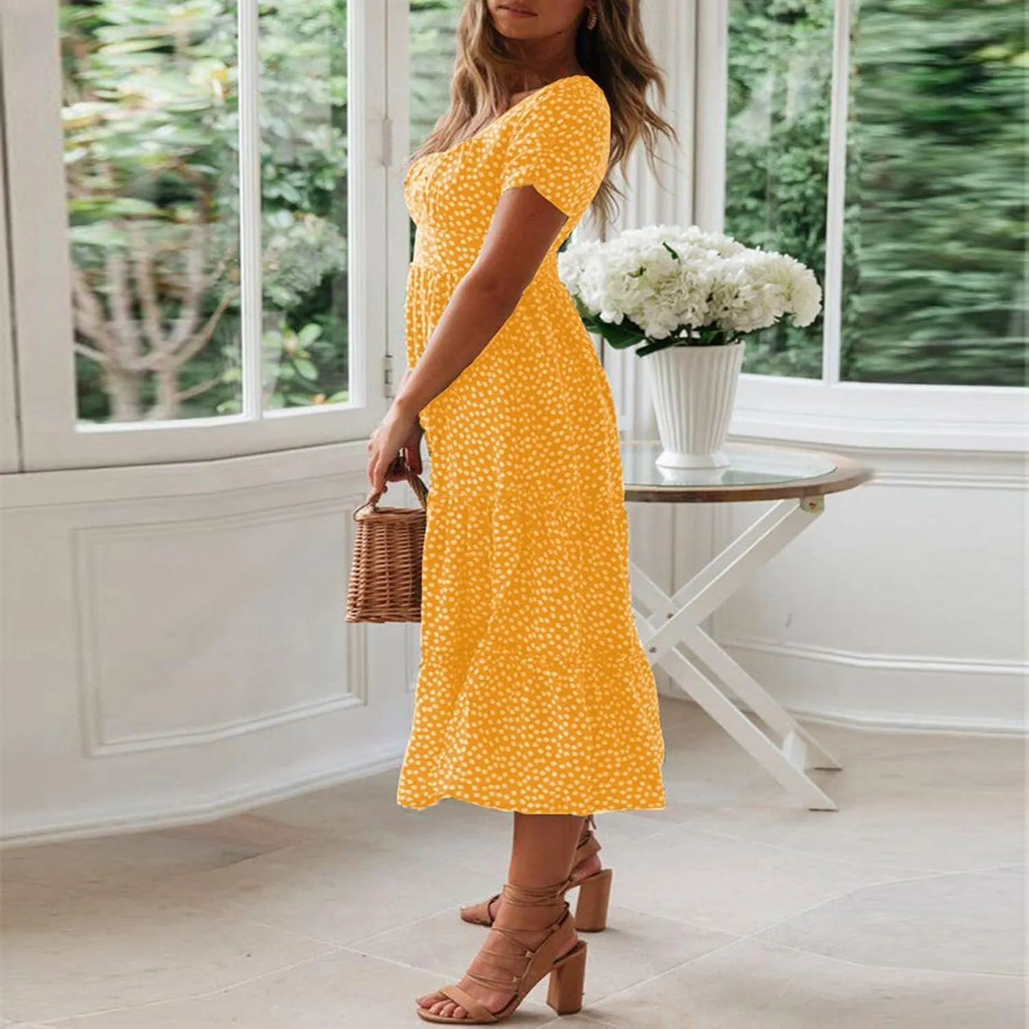 PTOLOCIF Women 2024 Casual Maxi Dress Casual Square Neck Ruffle Smocked Boho Flowy Dress Short Sleeve Floral Print Sundresses