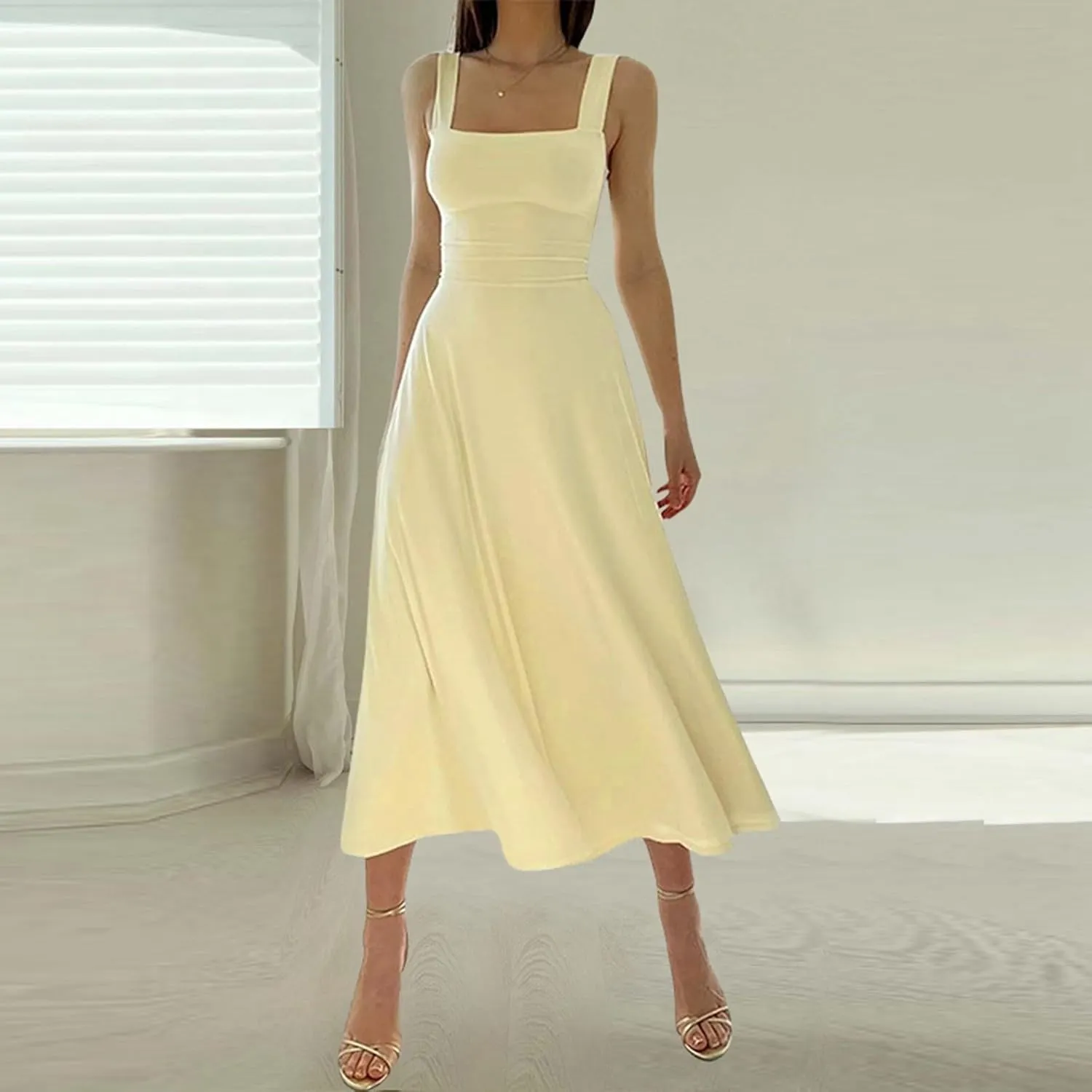PTOLOCIF Women's Solid Color Thick Shoulder Strap Slim Fit Lace Up Waist Dress Casual Skirt Womens Beach Casual Dresses