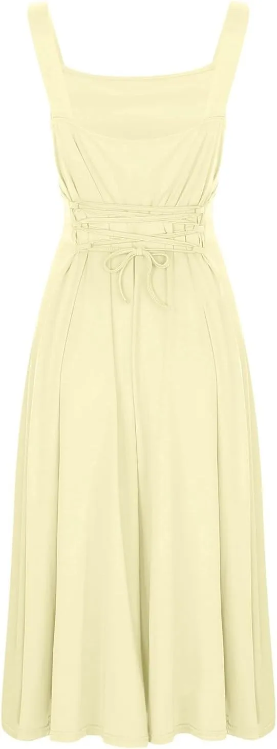 PTOLOCIF Women's Solid Color Thick Shoulder Strap Slim Fit Lace Up Waist Dress Casual Skirt Womens Beach Casual Dresses