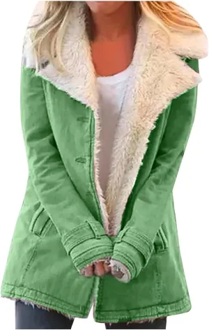 QWENTMTNTY Winter Coats for Women Fleece Lined Plus Size Sherpa Jacket Fashion Lapel Thicken Coat Thermal Outerwear Pockets
