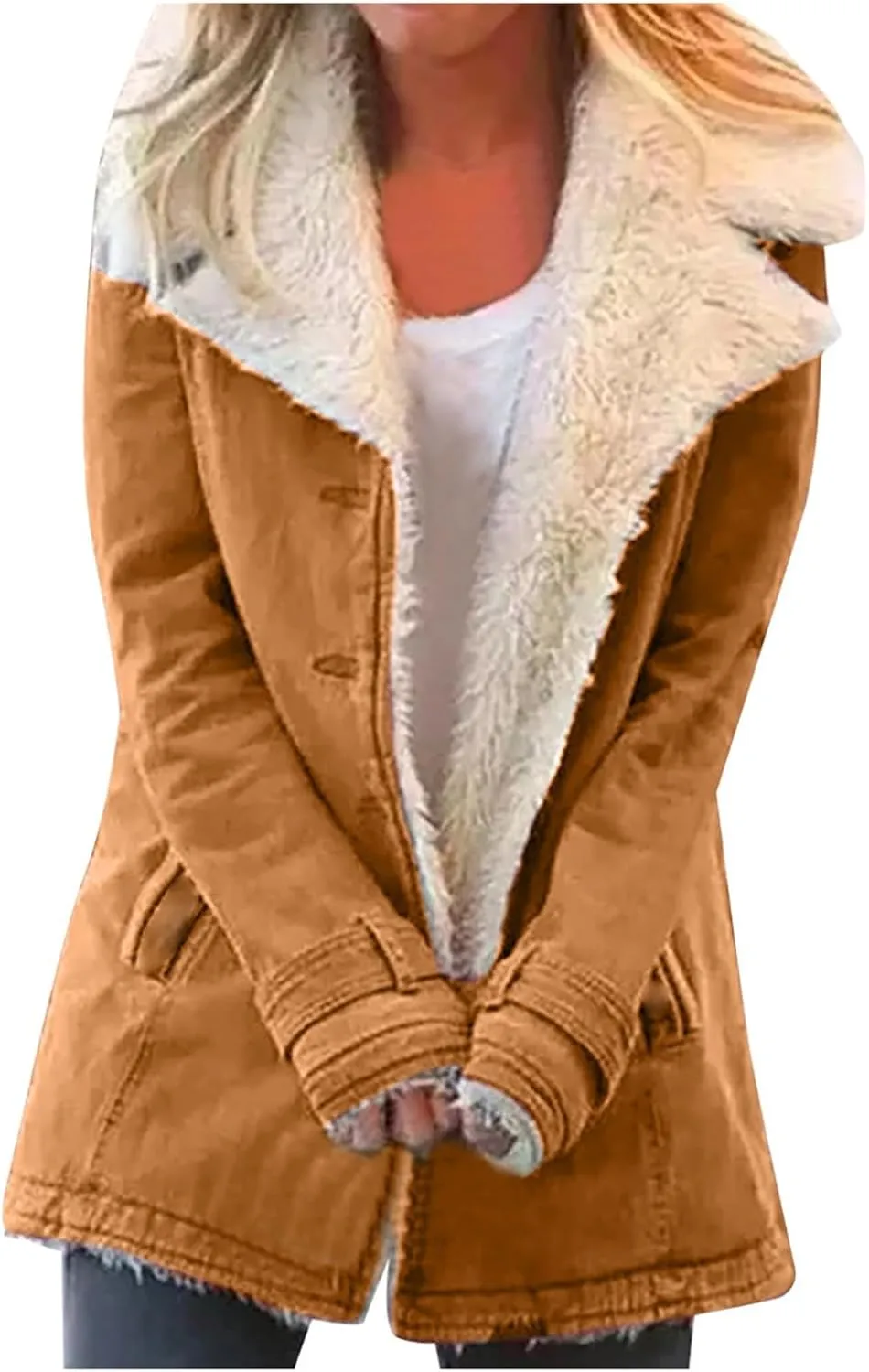 QWENTMTNTY Winter Coats for Women Fleece Lined Plus Size Sherpa Jacket Fashion Lapel Thicken Coat Thermal Outerwear Pockets