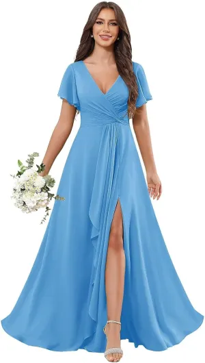 Ruffle V Neck Bridesmaid Dresses for Women Short Sleeve Chiffon Pleated Long Slit Formal Dress with Pockets