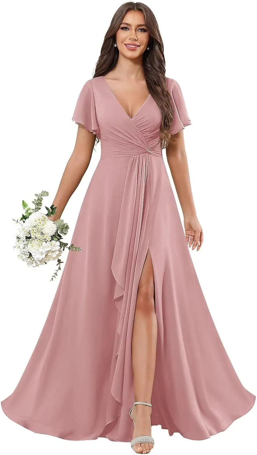 Ruffle V Neck Bridesmaid Dresses for Women Short Sleeve Chiffon Pleated Long Slit Formal Dress with Pockets