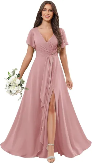 Ruffle V Neck Bridesmaid Dresses for Women Short Sleeve Chiffon Pleated Long Slit Formal Dress with Pockets