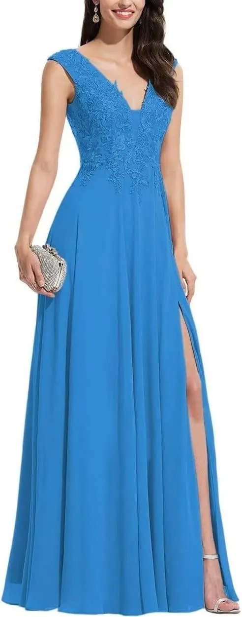 S Marlene V Neck Bridesmaid Dresses for Women Long Chiffon A Line Lace Appliques Formal Evening Party Gowns Prom Dresses with Slit Blue