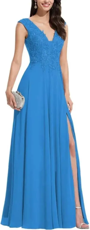 S Marlene V Neck Bridesmaid Dresses for Women Long Chiffon A Line Lace Appliques Formal Evening Party Gowns Prom Dresses with Slit Blue
