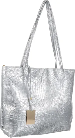 SAFIGLE Pu Women's Tote Bag Large Capacity Shopping Bag Print Silver Comfortable Handle