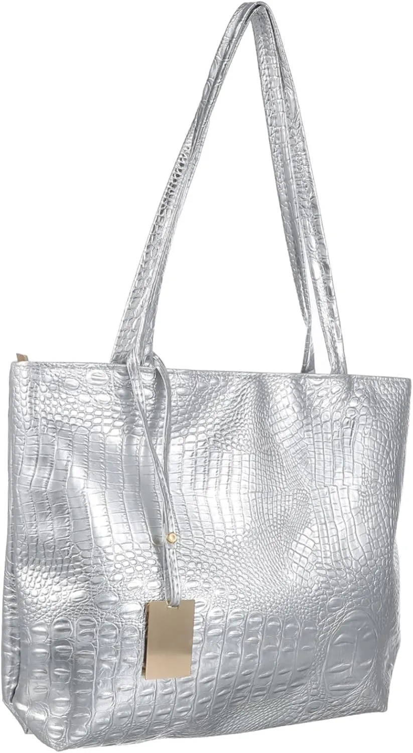 SAFIGLE Pu Women's Tote Bag Large Capacity Shopping Bag Print Silver Comfortable Handle