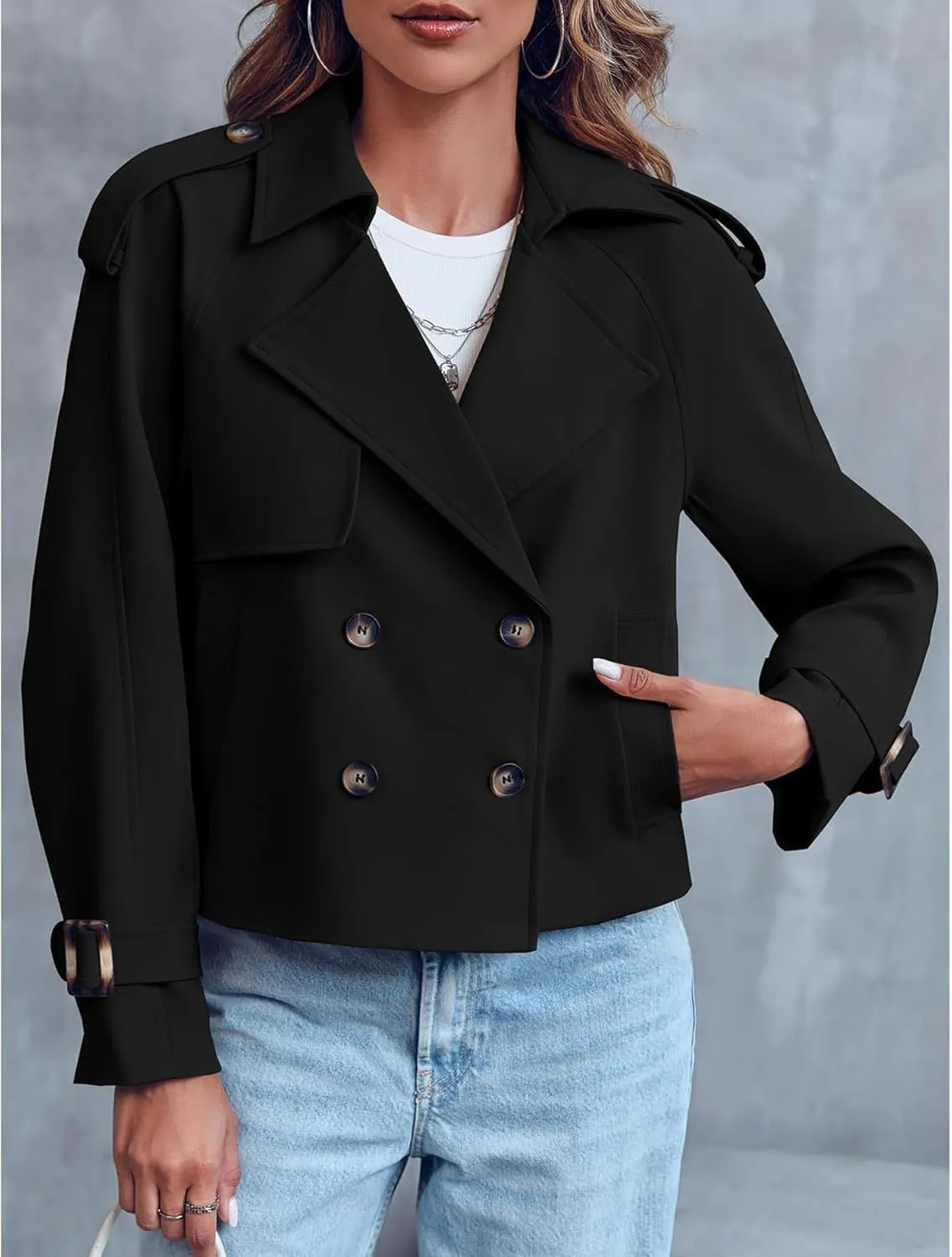 SEMATOMALA Women's Short Trench Coat Black Double Breasted Notched Lapel Jacket Khaki Casual Work Office Outerwear