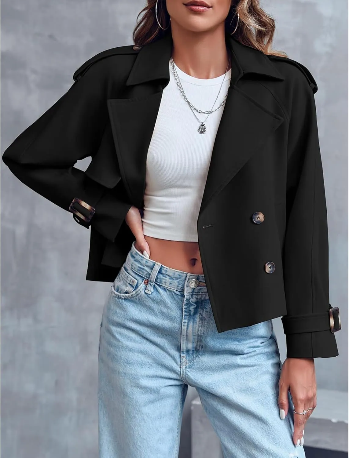 SEMATOMALA Women's Short Trench Coat Black Double Breasted Notched Lapel Jacket Khaki Casual Work Office Outerwear