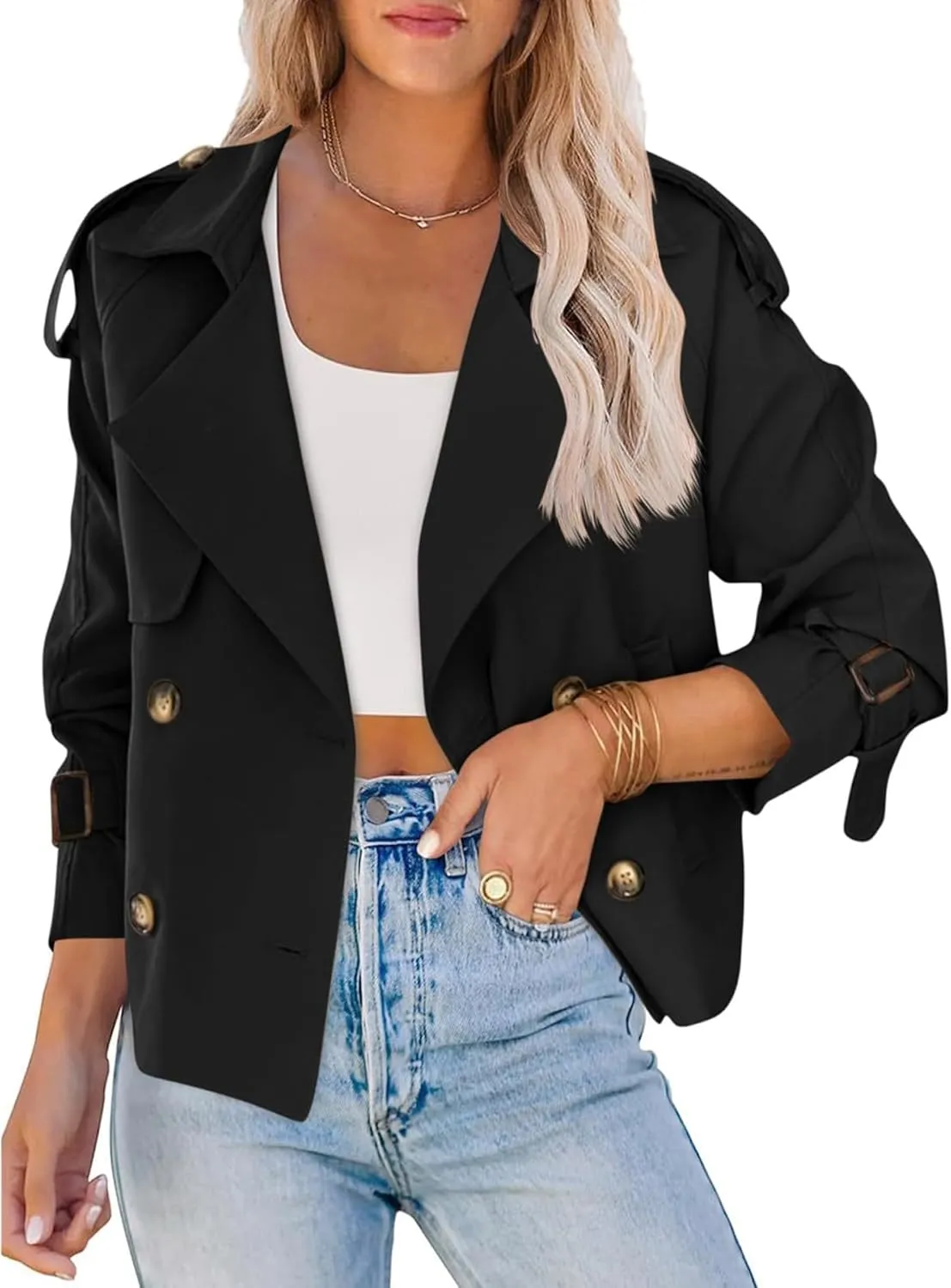 SEMATOMALA Women's Short Trench Coat Black Double Breasted Notched Lapel Jacket Khaki Casual Work Office Outerwear