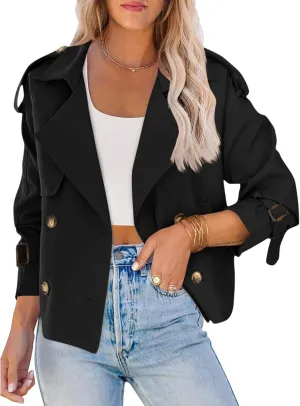 SEMATOMALA Women's Short Trench Coat Black Double Breasted Notched Lapel Jacket Khaki Casual Work Office Outerwear