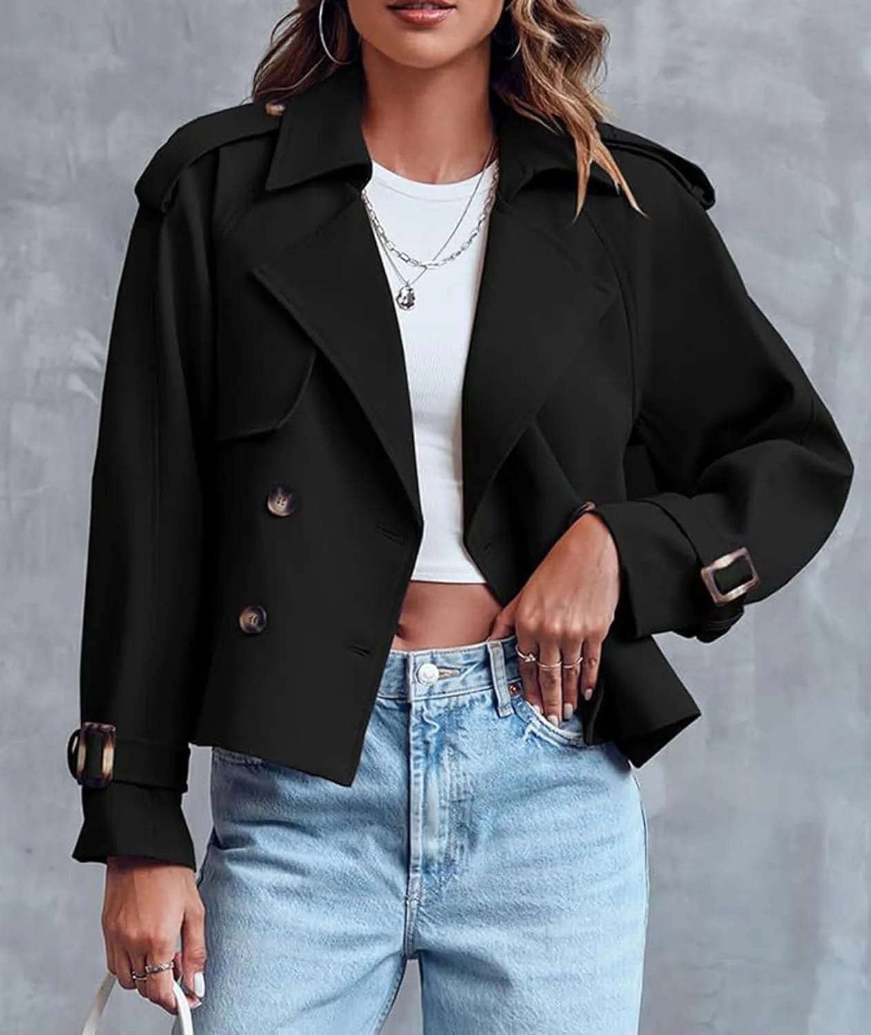 SEMATOMALA Women's Short Trench Coat Black Double Breasted Notched Lapel Jacket Khaki Casual Work Office Outerwear