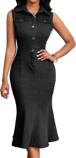 SeNight Women's Denim Dress Sexy V Neck Bodycon Mini Dresses