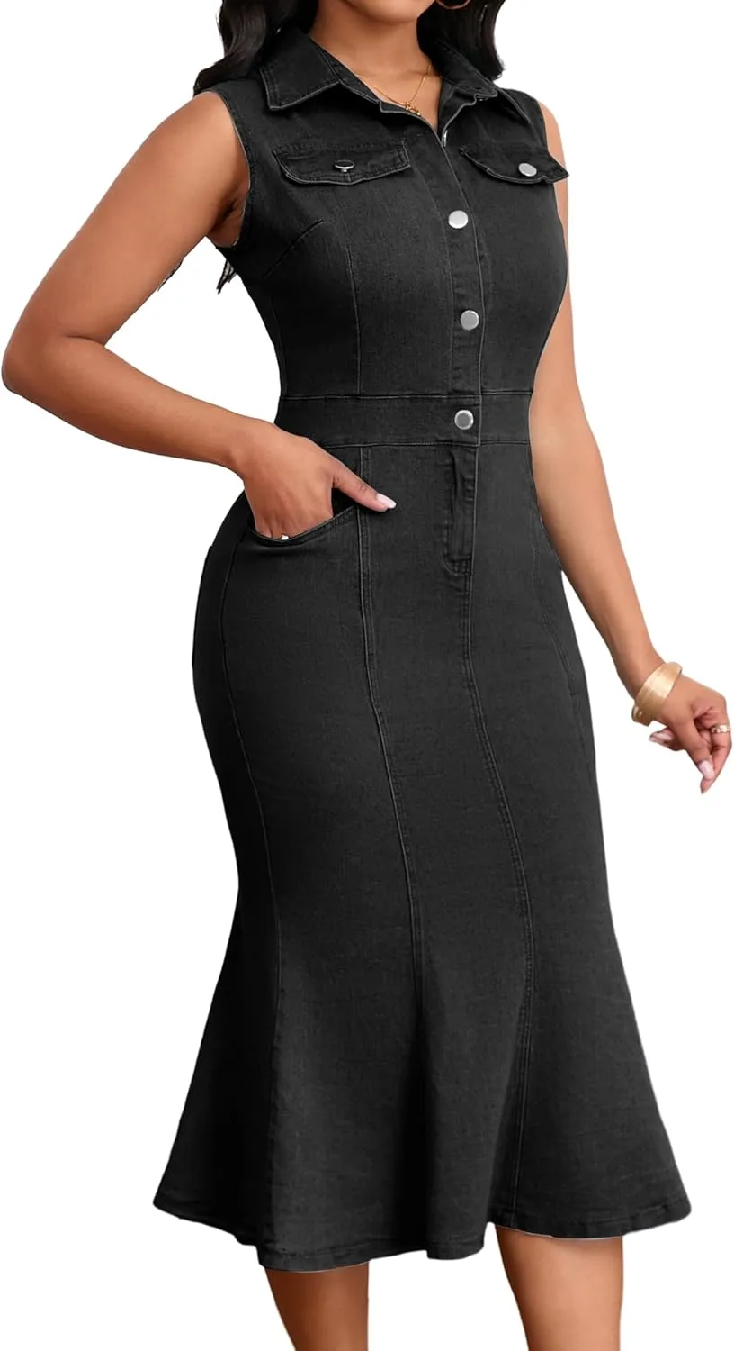 SeNight Women's Denim Dress Sexy V Neck Bodycon Mini Dresses