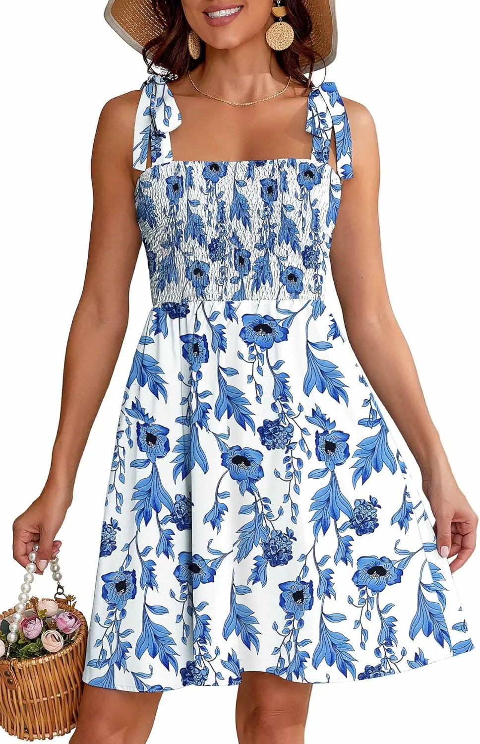 Short Summer Dresses for Women 2025 Beach Vacation Tie Spaghetti Strap Square Neck Sleeveless Swing Boho Dress