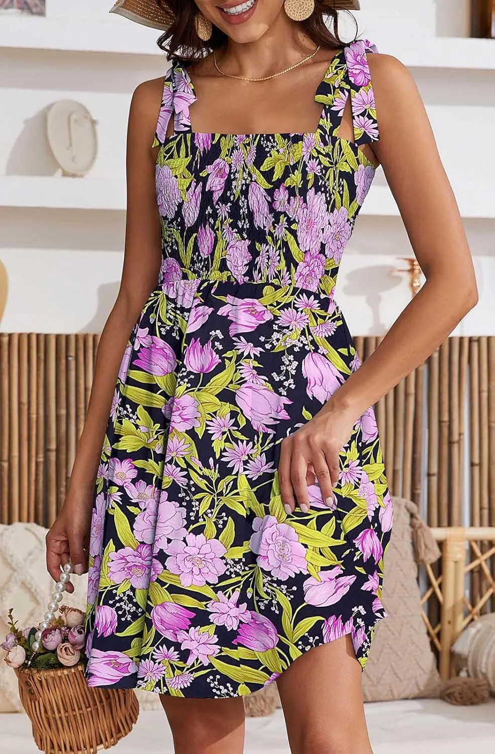 Short Summer Dresses for Women 2025 Beach Vacation Tie Spaghetti Strap Square Neck Sleeveless Swing Boho Dress