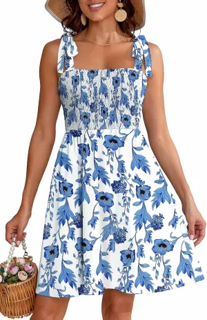 Short Summer Dresses for Women 2025 Beach Vacation Tie Spaghetti Strap Square Neck Sleeveless Swing Boho Dress