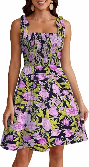 Short Summer Dresses for Women 2025 Beach Vacation Tie Spaghetti Strap Square Neck Sleeveless Swing Boho Dress