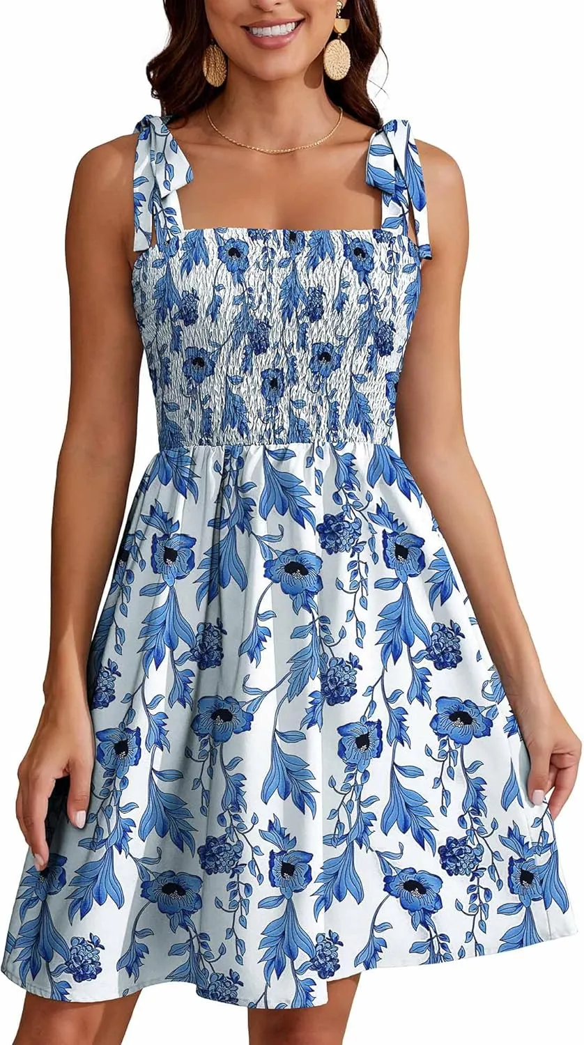Short Summer Dresses for Women 2025 Beach Vacation Tie Spaghetti Strap Square Neck Sleeveless Swing Boho Dress