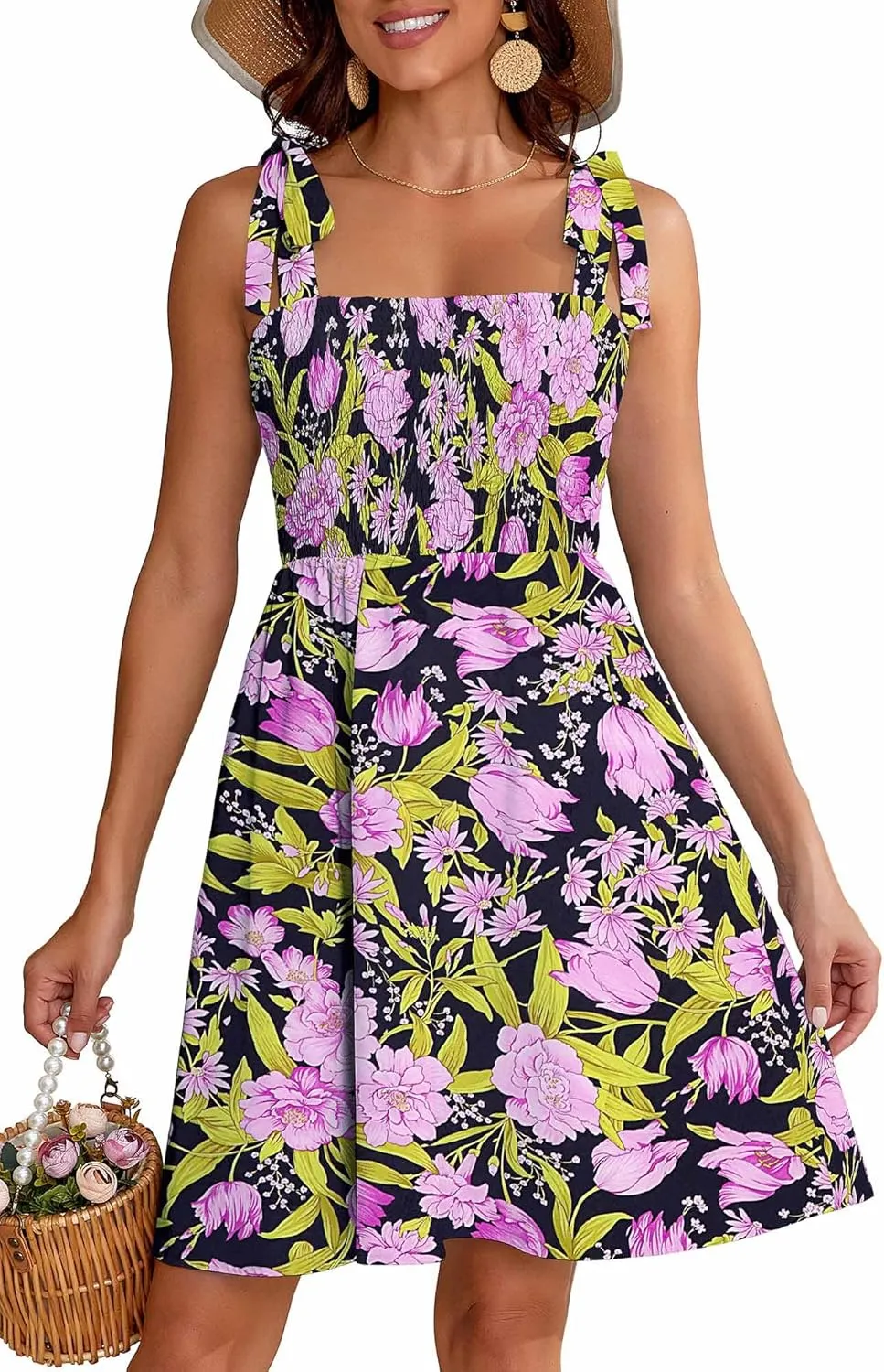 Short Summer Dresses for Women 2025 Beach Vacation Tie Spaghetti Strap Square Neck Sleeveless Swing Boho Dress
