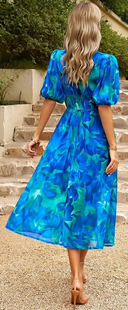 Sister Amy Women's Boho Floral Print Square Neck Beach Party Flowy Ruffle Midi Dress