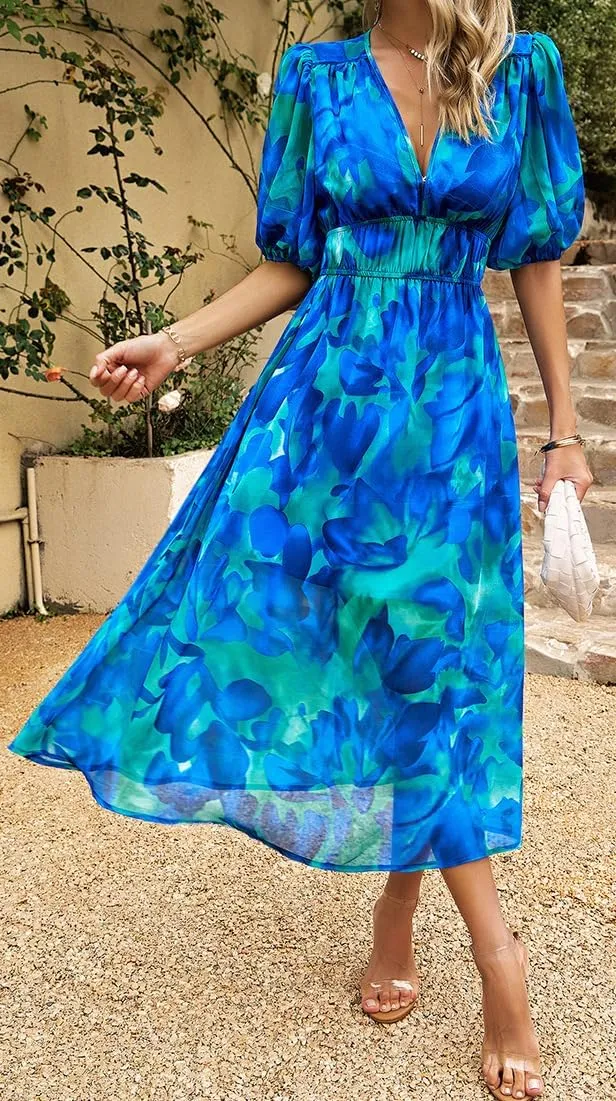 Sister Amy Women's Boho Floral Print Square Neck Beach Party Flowy Ruffle Midi Dress
