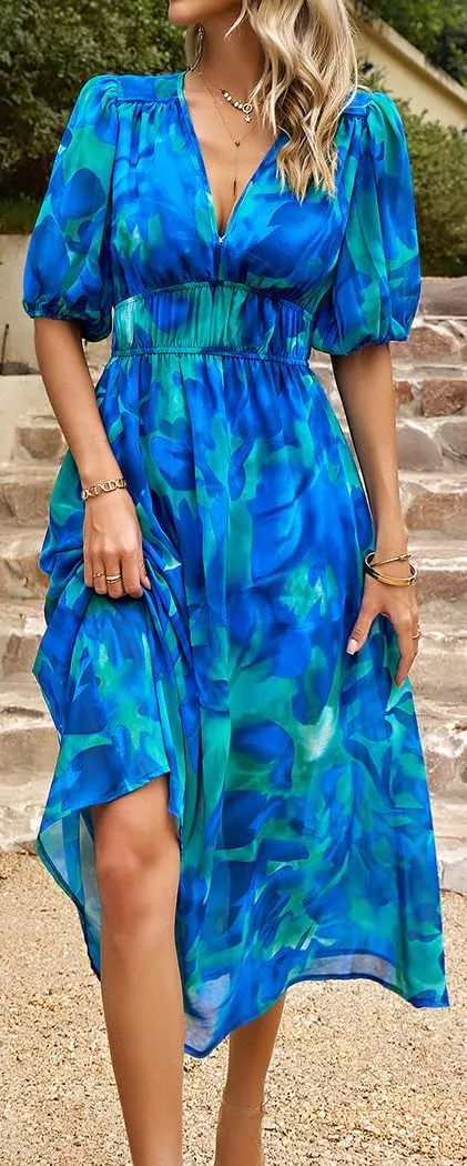 Sister Amy Women's Boho Floral Print Square Neck Beach Party Flowy Ruffle Midi Dress