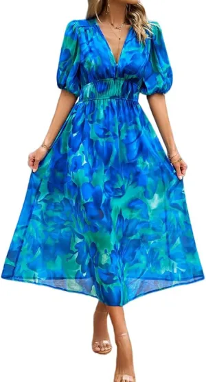 Sister Amy Women's Boho Floral Print Square Neck Beach Party Flowy Ruffle Midi Dress