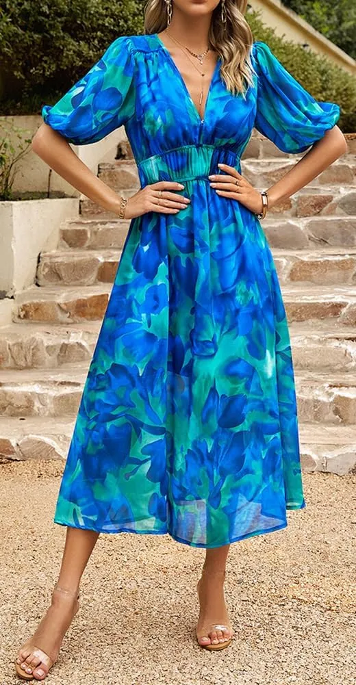 Sister Amy Women's Boho Floral Print Square Neck Beach Party Flowy Ruffle Midi Dress