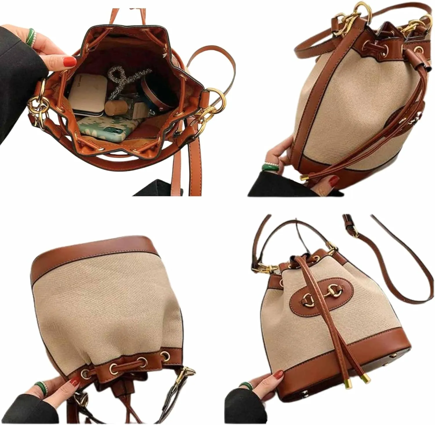 Small Dark Brown & White Equestrian Crossbody Bag  Structured Bucket Purse with Vegan Leather Trim, Gold Horse Bit Buckle, Canvas Body, Adjustable Strap, Coastal Chic Country Club Style Handbag