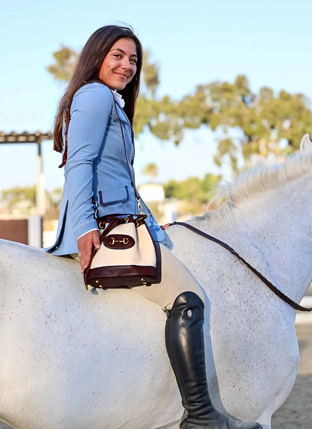 Small Dark Brown & White Equestrian Crossbody Bag  Structured Bucket Purse with Vegan Leather Trim, Gold Horse Bit Buckle, Canvas Body, Adjustable Strap, Coastal Chic Country Club Style Handbag
