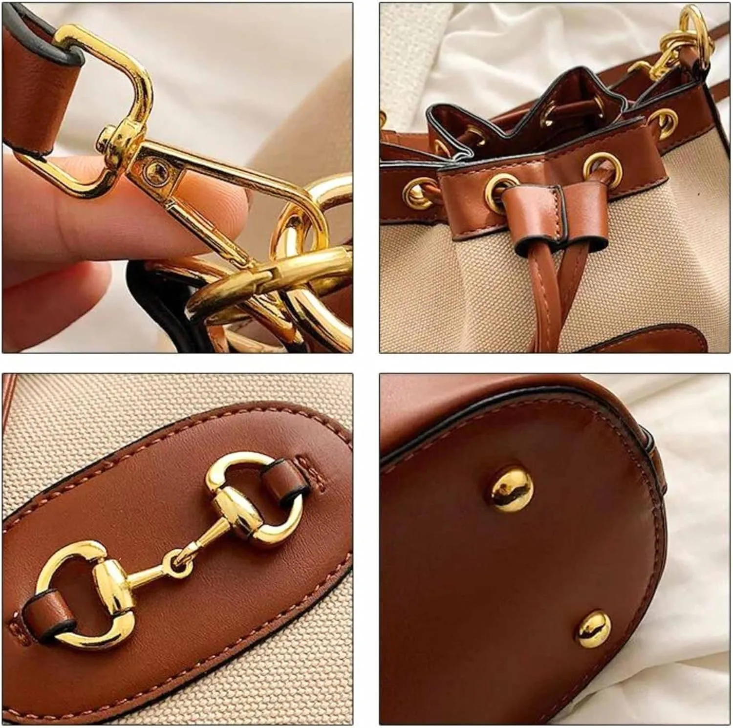 Small Dark Brown & White Equestrian Crossbody Bag  Structured Bucket Purse with Vegan Leather Trim, Gold Horse Bit Buckle, Canvas Body, Adjustable Strap, Coastal Chic Country Club Style Handbag